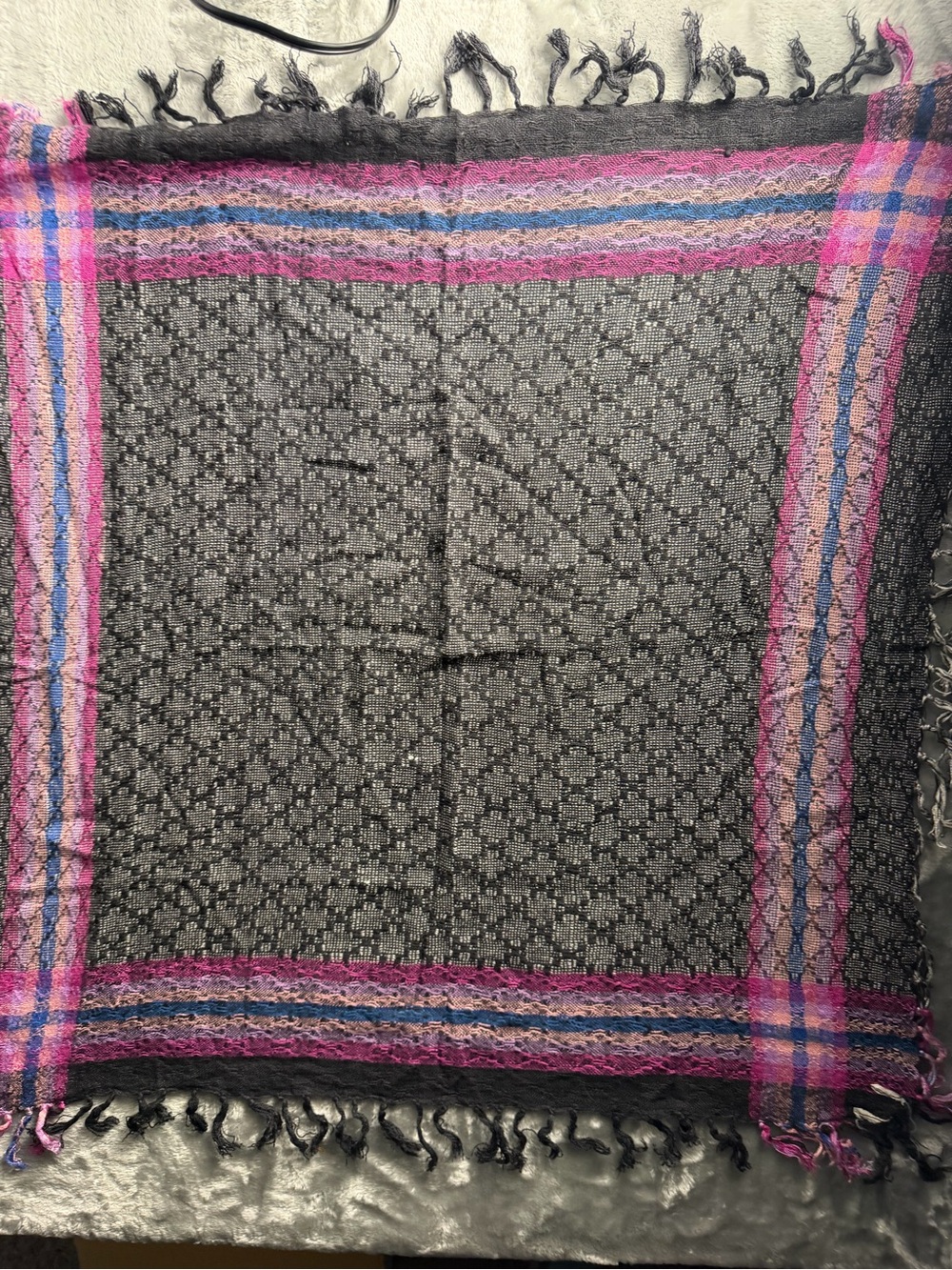 Black Scarf Wrap with Pink & Blue Stripe Border